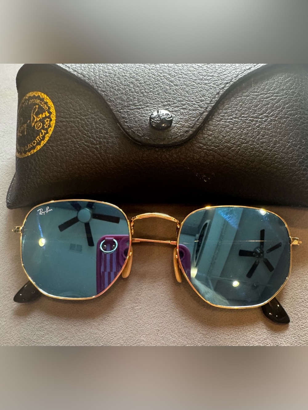 Ray-Ban Gold Frame Blue Lens Sunglasses for Women